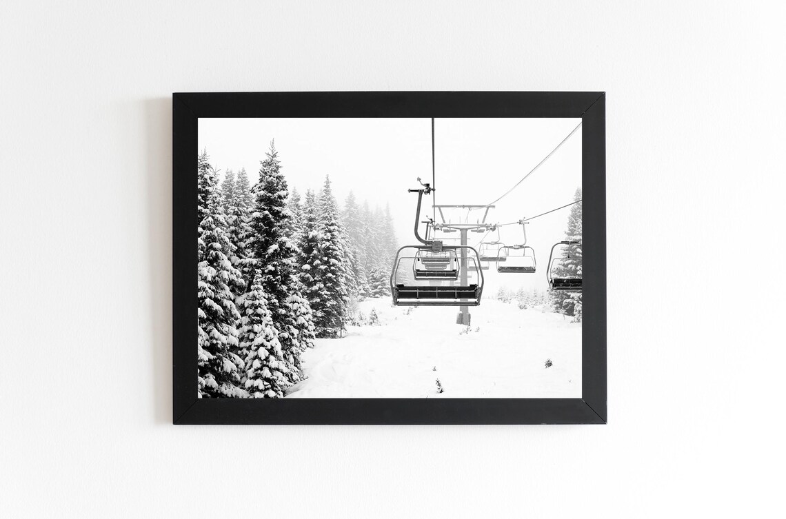 Black And White Winter Ski Lift Mountain Art Print - Image 3