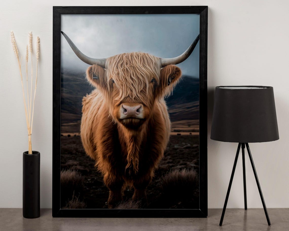 Highland Cow Standing In Scottish Highlands Landscape Framed Poster