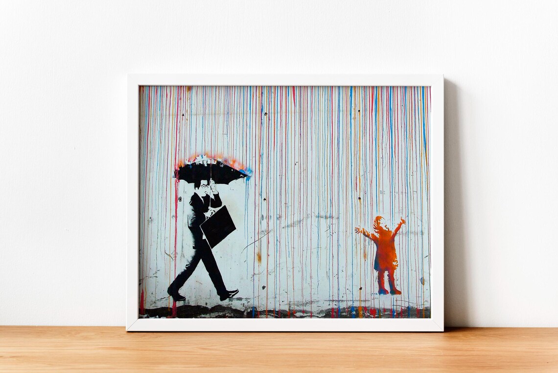 Umbrella Man And Child In Rain Colorful Street Art Canvas Poster - Image 4