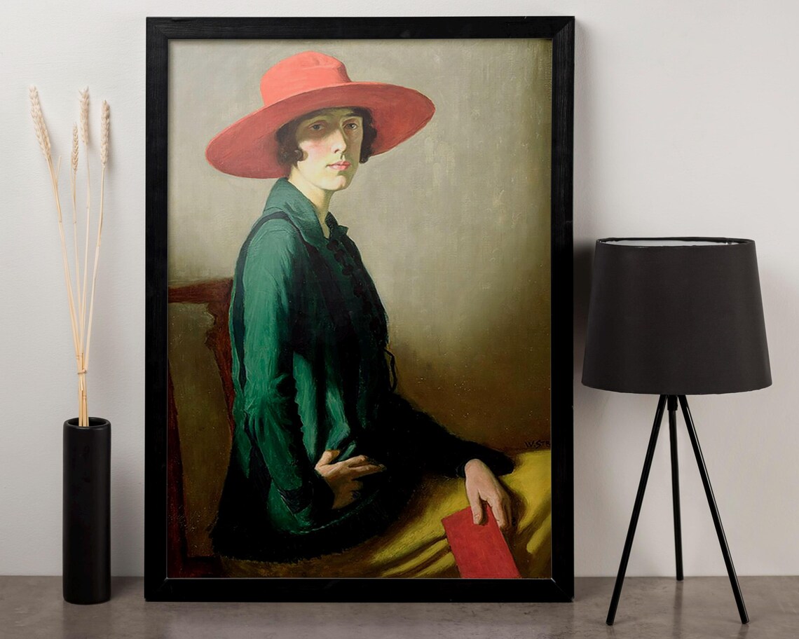 Woman In Red Hat And Green Jacket Vintage Oil Portrait Art Poster