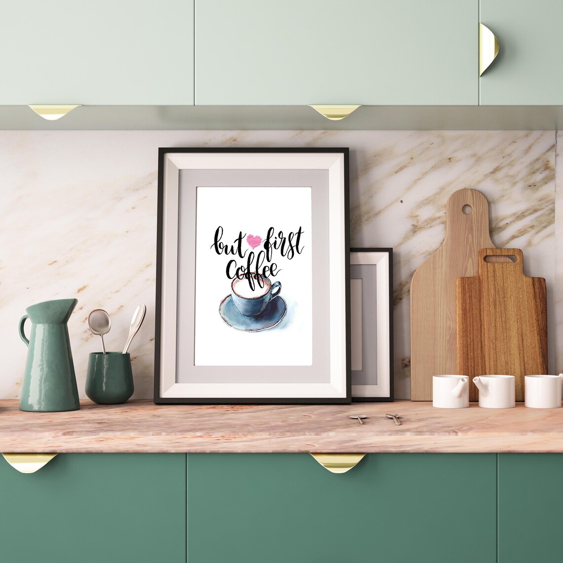 But First Coffee Pink Heart Watercolor Cup Quote Decor Poster - Image 3