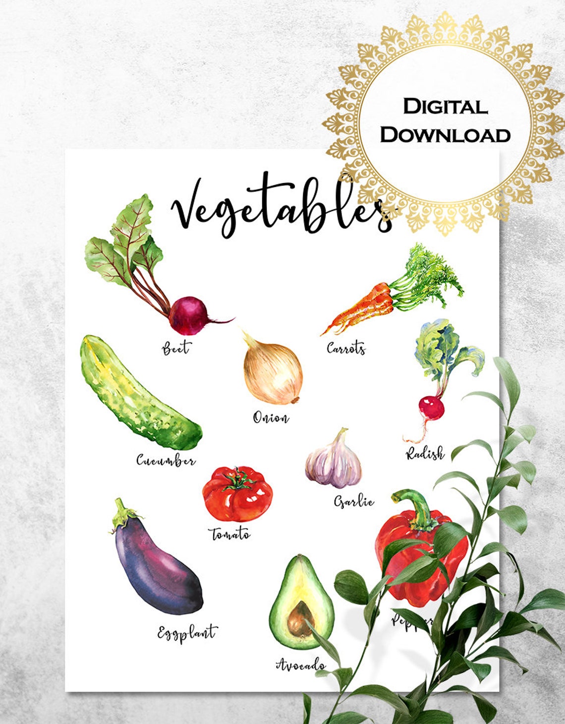 Vegetables Watercolor Botanical Kitchen Chart Art Illustration Print - Image 3