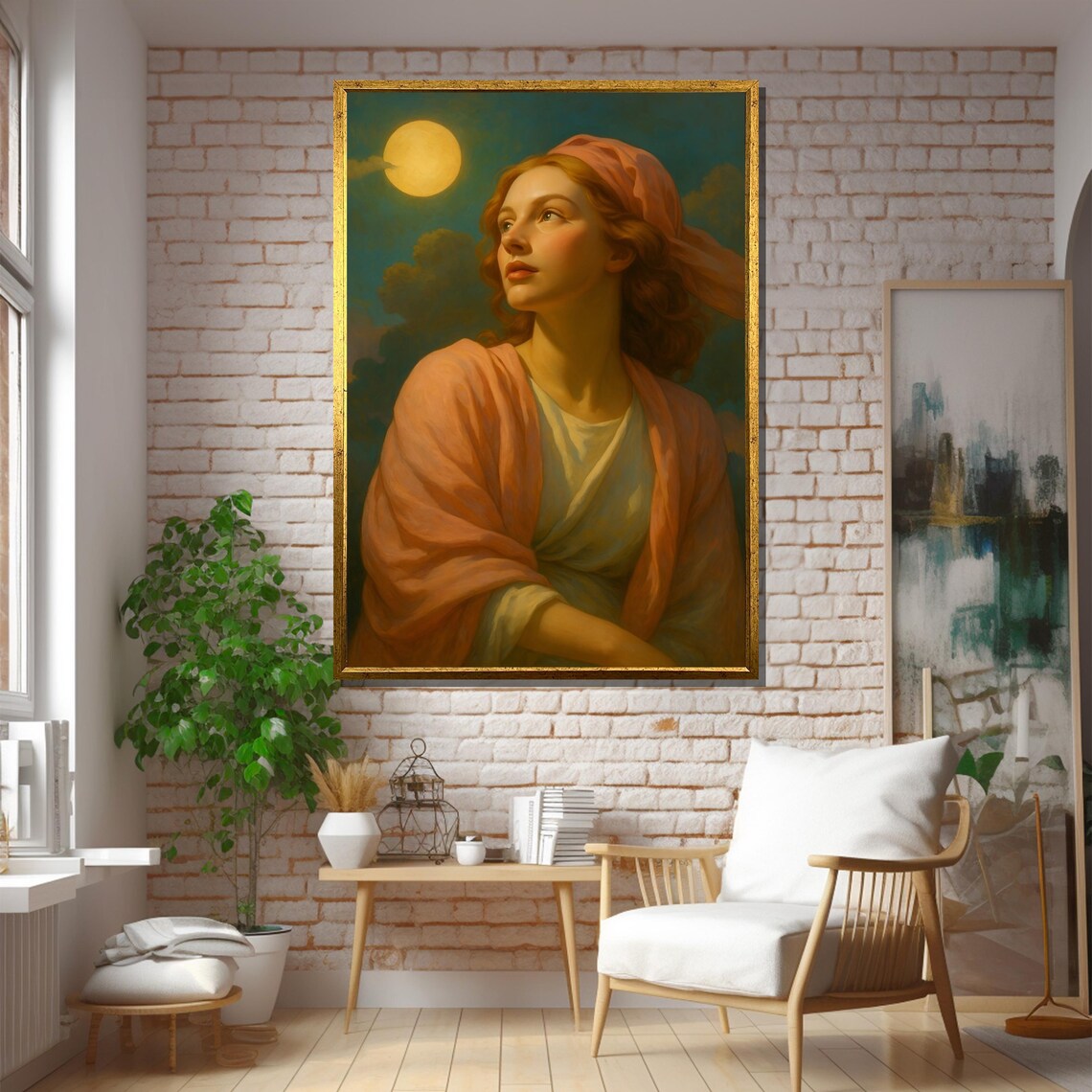 Romantic Woman Under Moonlight in Pink Headscarf Painting Poster - Image 5