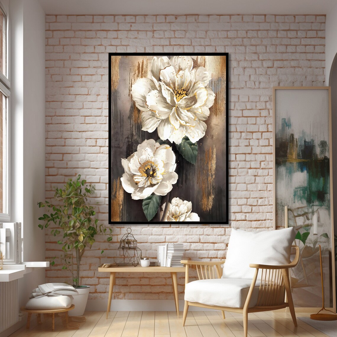 Elegant White Peonies, Rustic Background Floral Print - Image 2