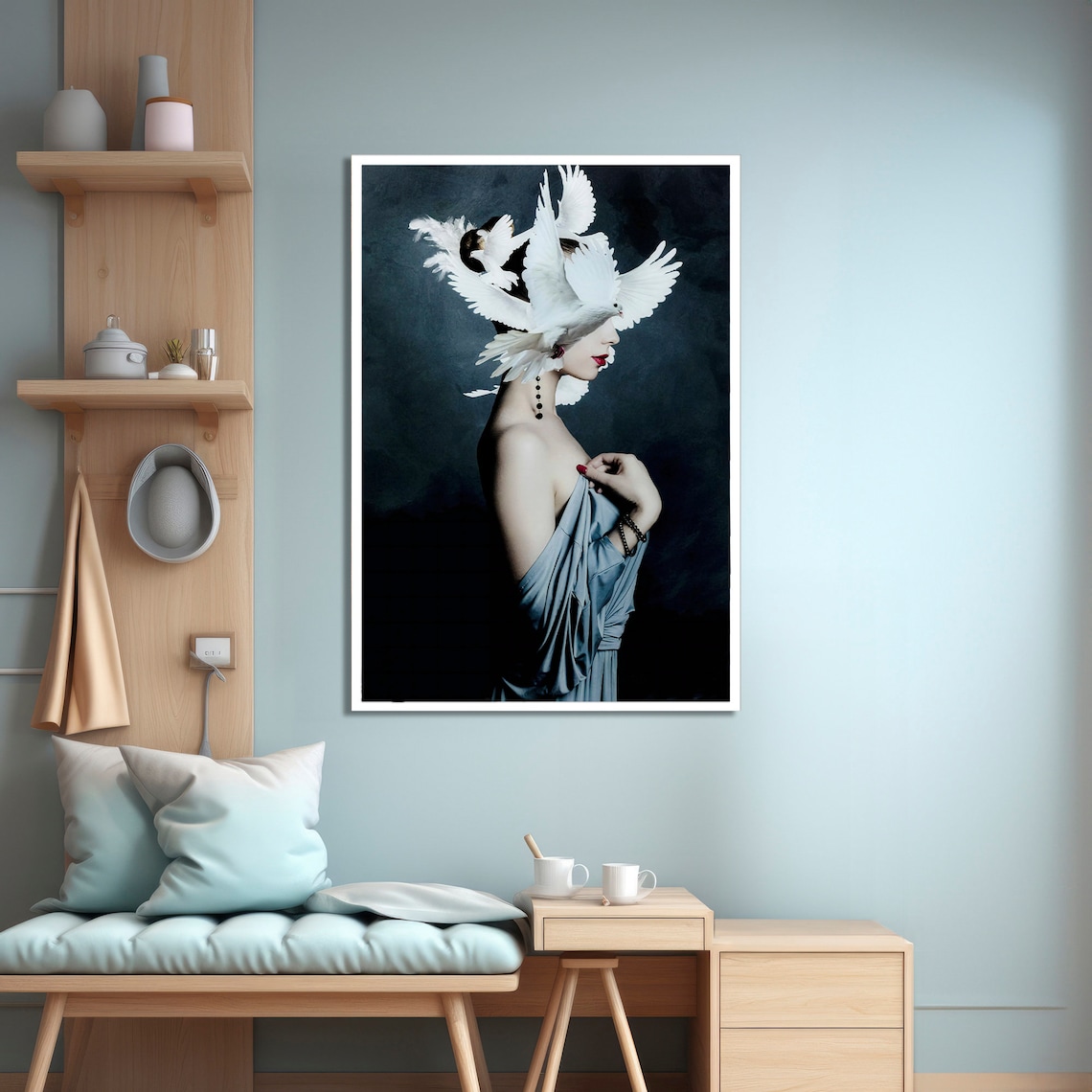 Elegant Woman With White Birds, Timeless Decor - Image 4