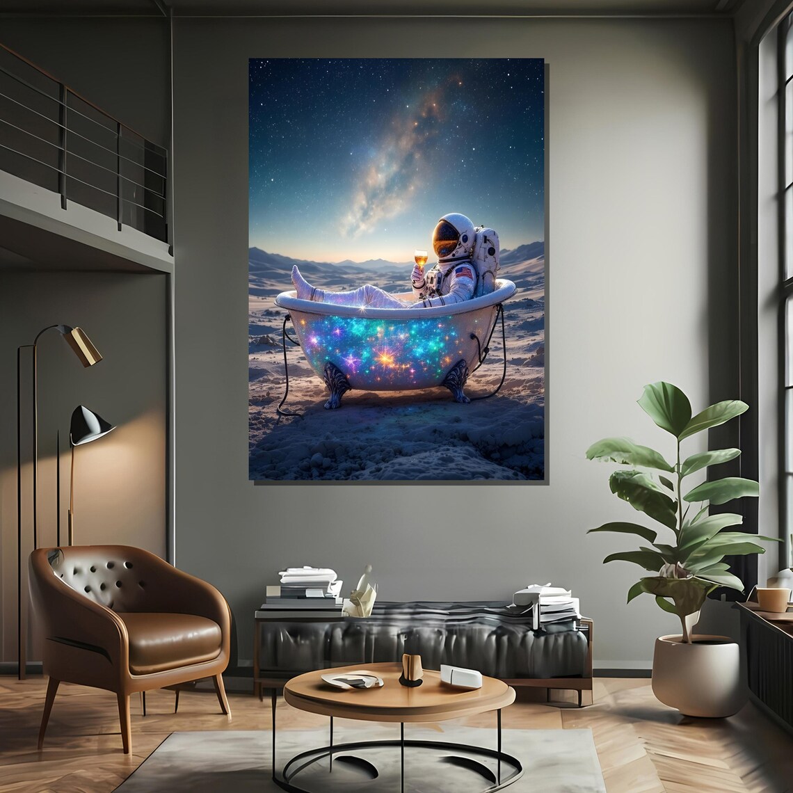 Astronaut Relaxing In Starry Bathtub, Office Wall Art - Image 2