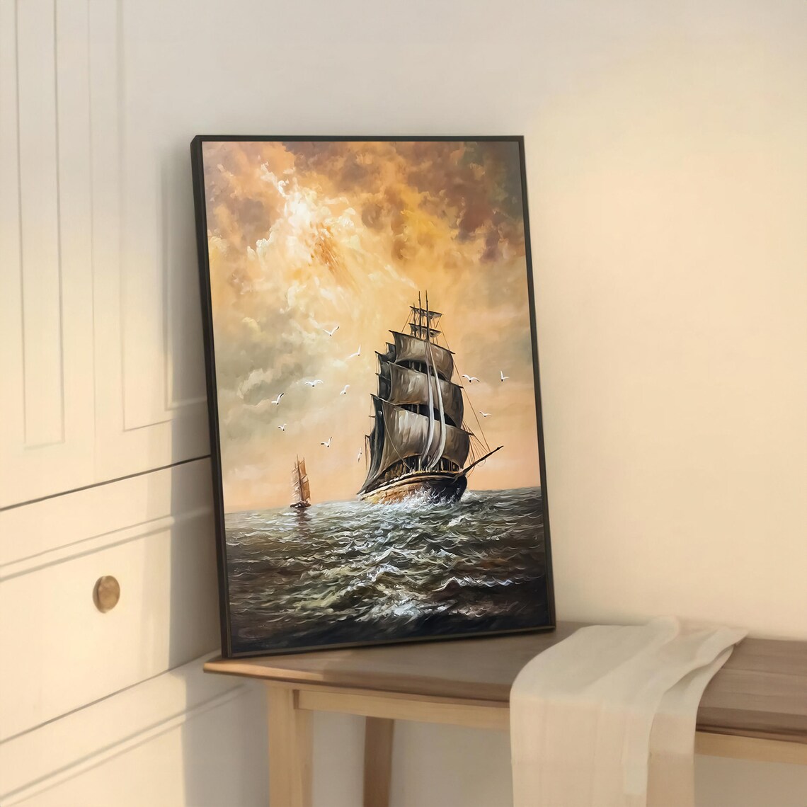 Golden Horizon Ship, Elegant Nautical Art Print - Image 5