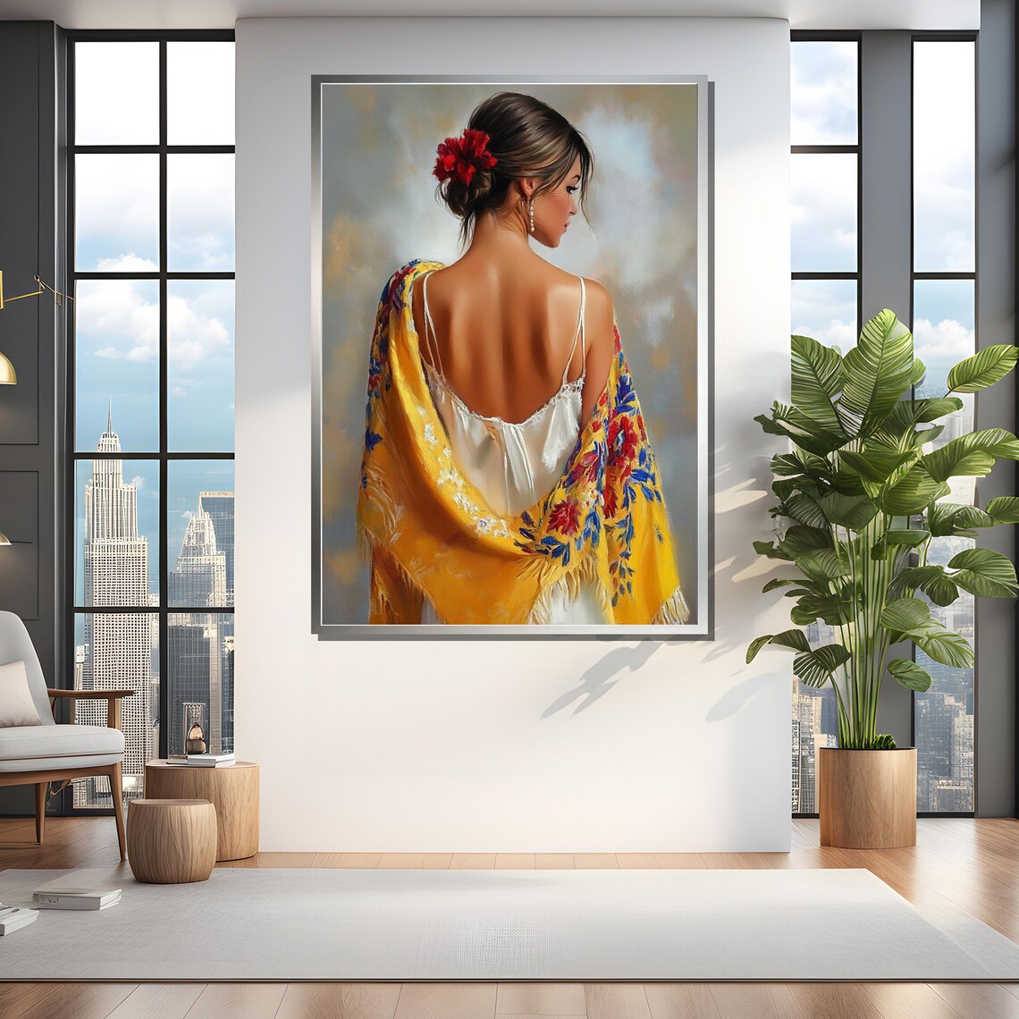 Woman With Yellow Floral Shawl, Elegant Ethnic Decor - Image 3
