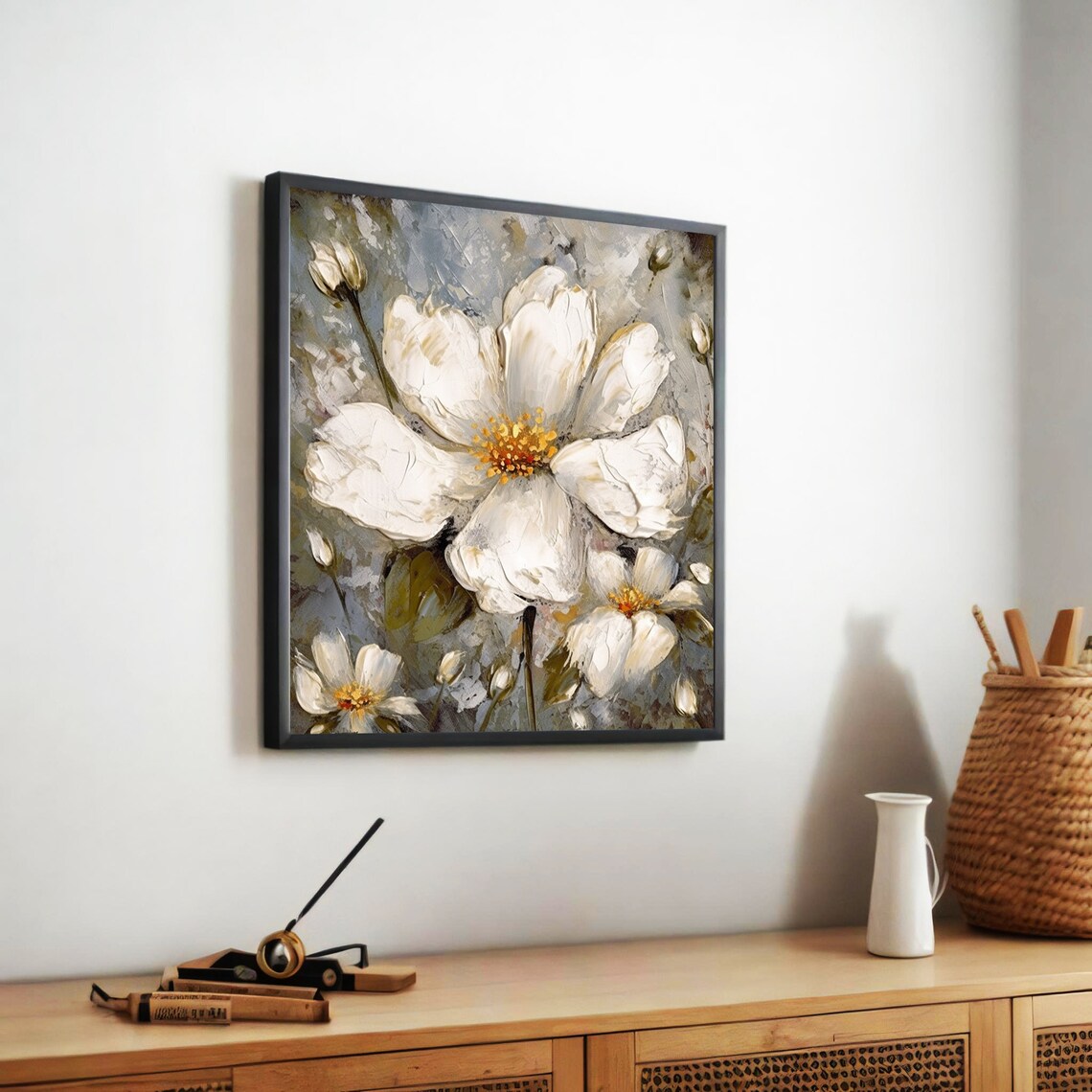 Elegant White Floral Botanical Painting, Serene Decor - Image 5