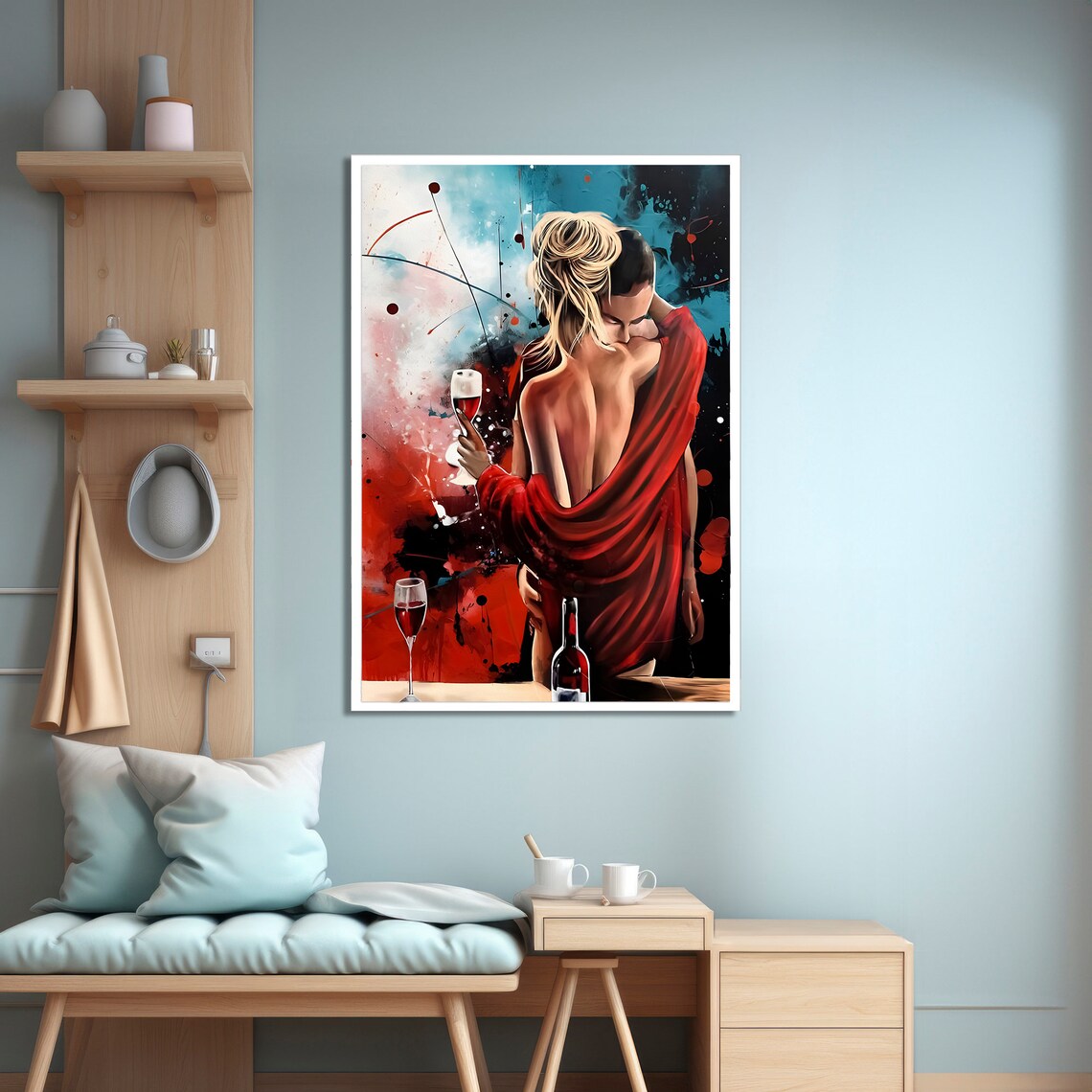 Passionate Red Embrace Lovers and Wine Art Print - Image 4