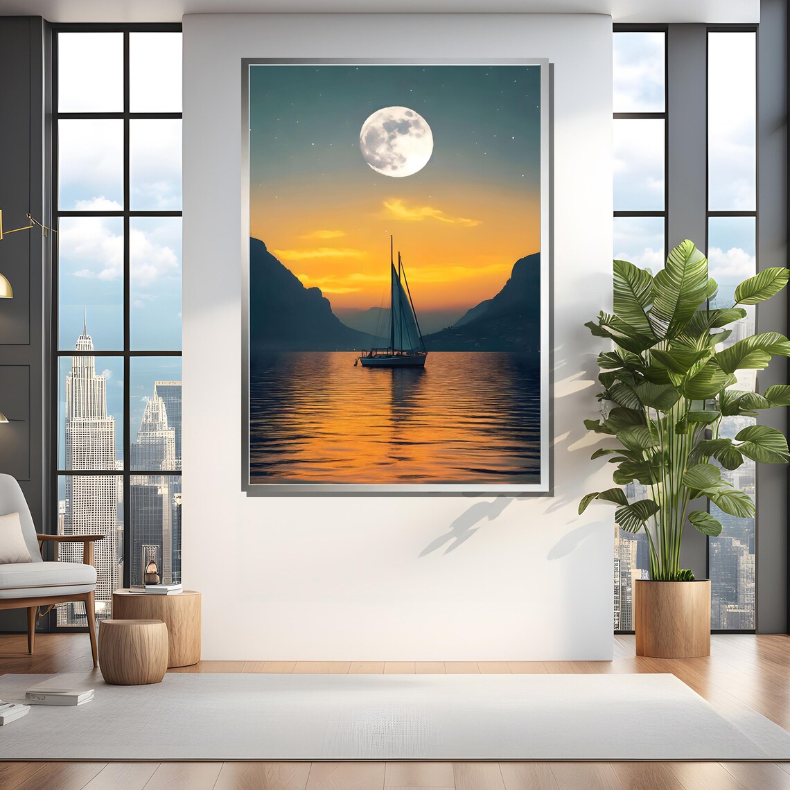 Sailboat at Moonlit Sunset, Nautical Wall Art - Image 3