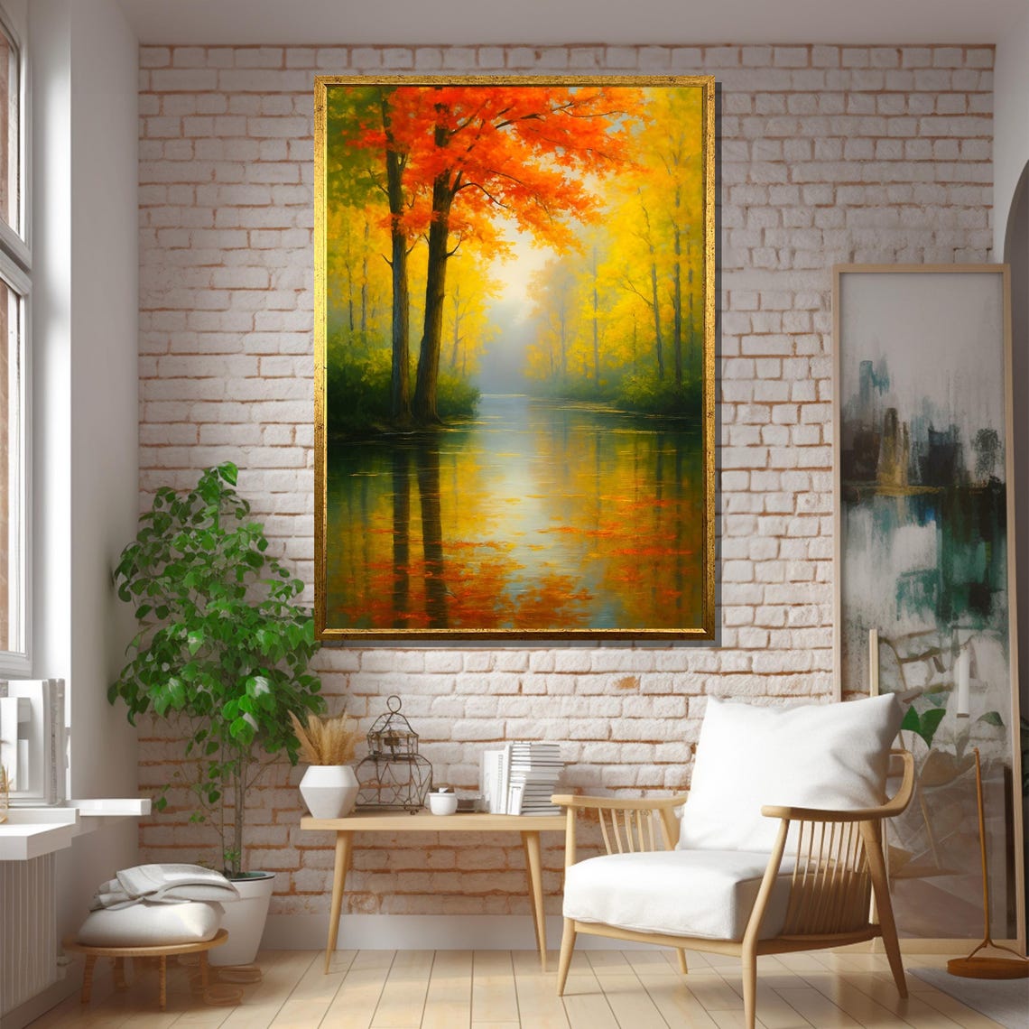 Golden Autumn Forest With Reflections On Water Framed Or Unframed Art Print For Cozy Living Room Wall Decor - Image 5