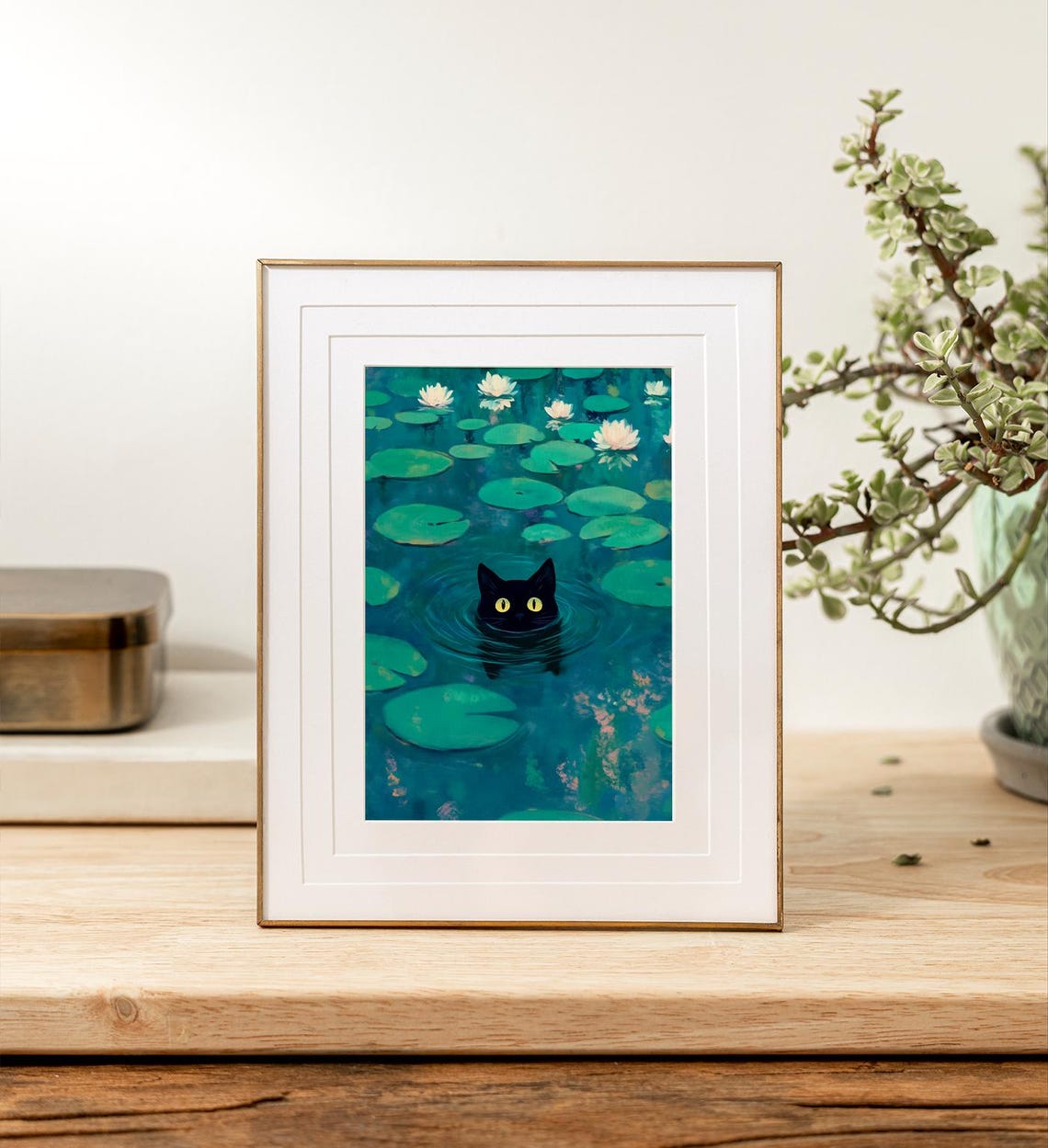 Monet Water Lily Pond Black Cat Peeking Out Funny Cat Art Print Poster - Image 5
