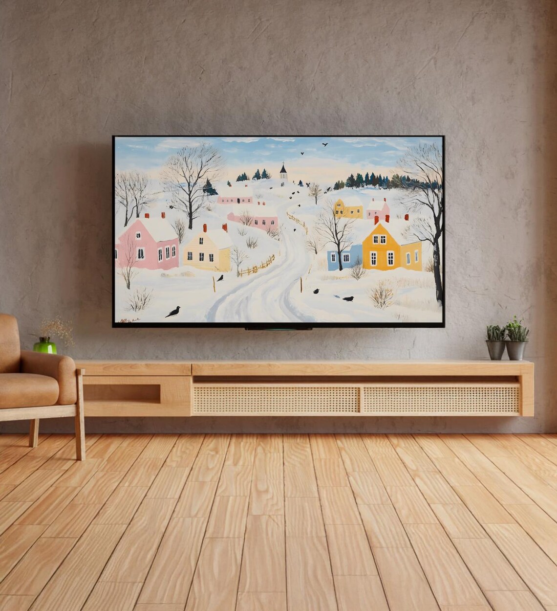 Snowy Village Winter Folk Art Naive Colorful Houses Church Art Poster - Image 4