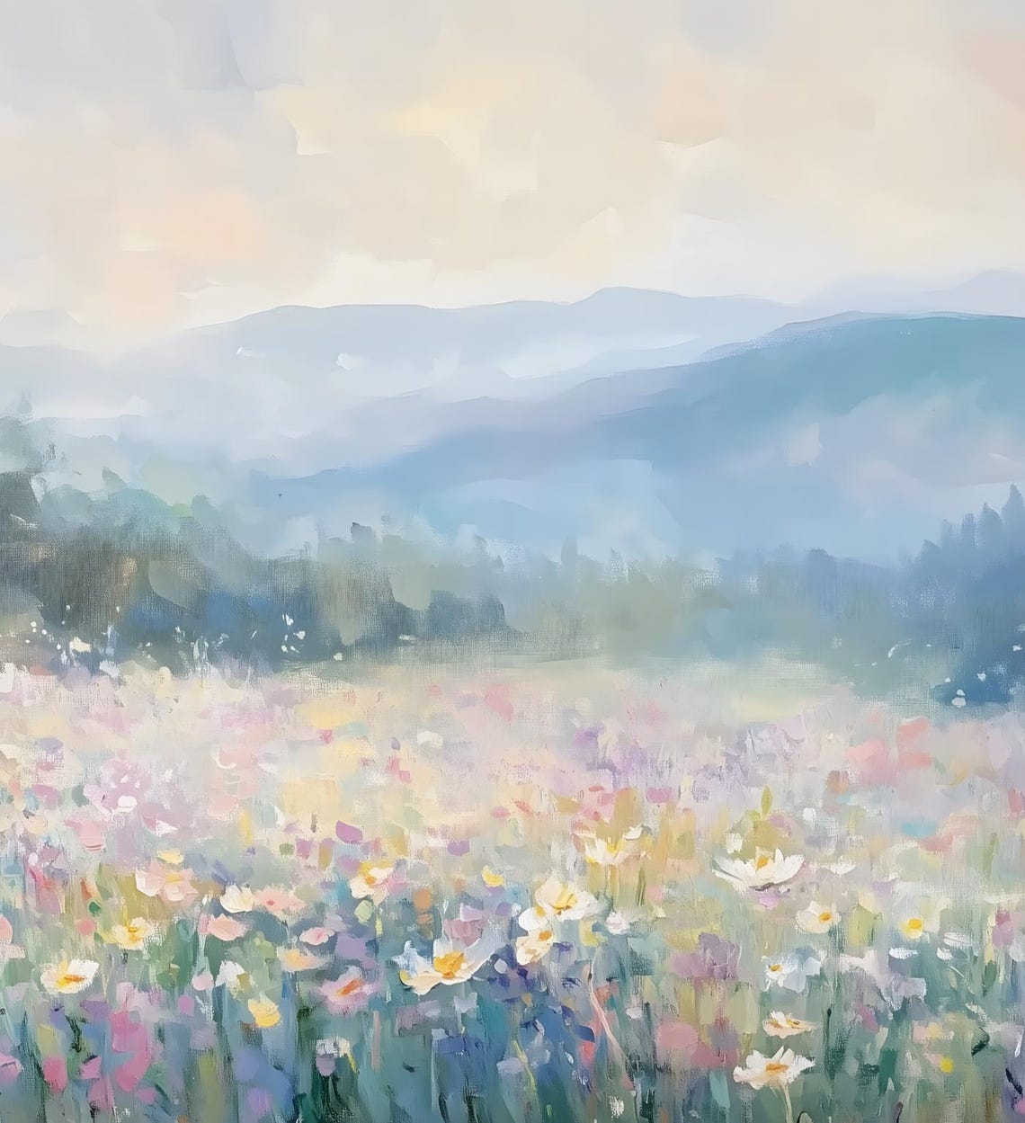 Pastel Wildflower Meadow Misty Mountains Spring Landscape Art Poster - Image 6
