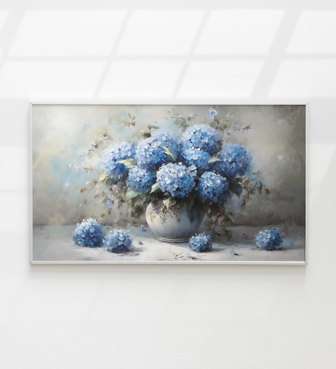 Blue Hydrangeas In Vase Soft Floral Still Life Oil Painting Art Poster