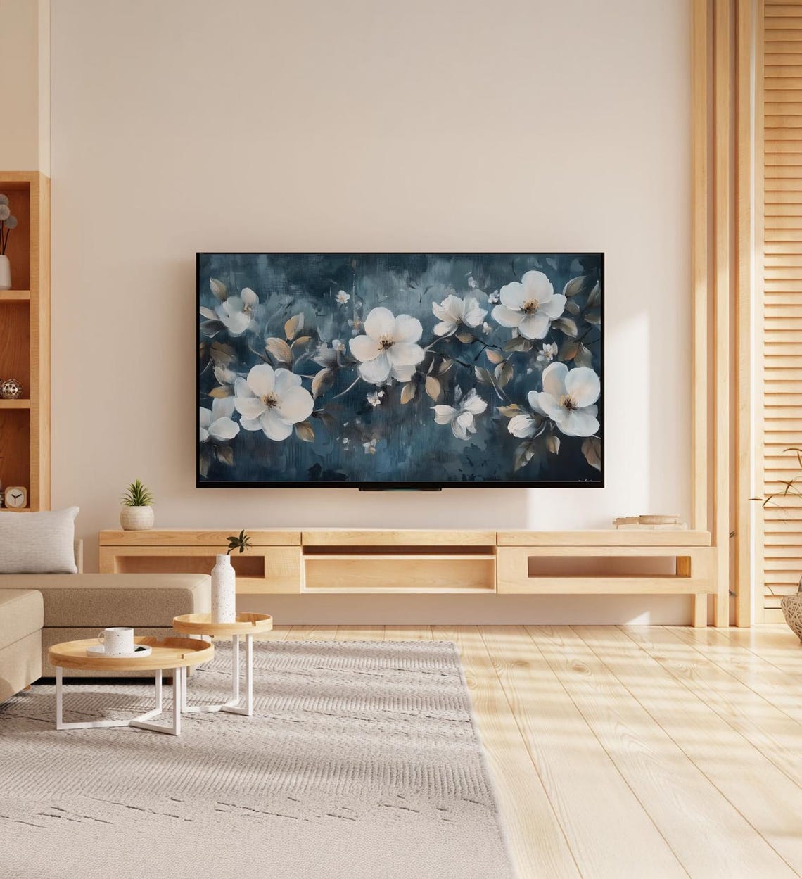 White Blossoms Midnight Navy Blue Moody Botanical Painting Poster - Image 7