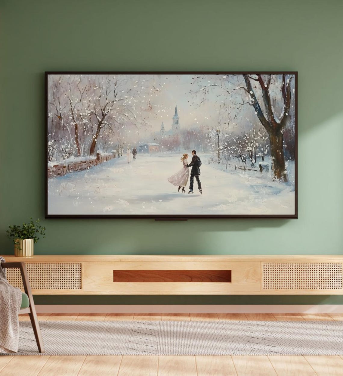 Vintage Couple Ice Skating Snowy Winter Park Scene Painting Poster - Image 5