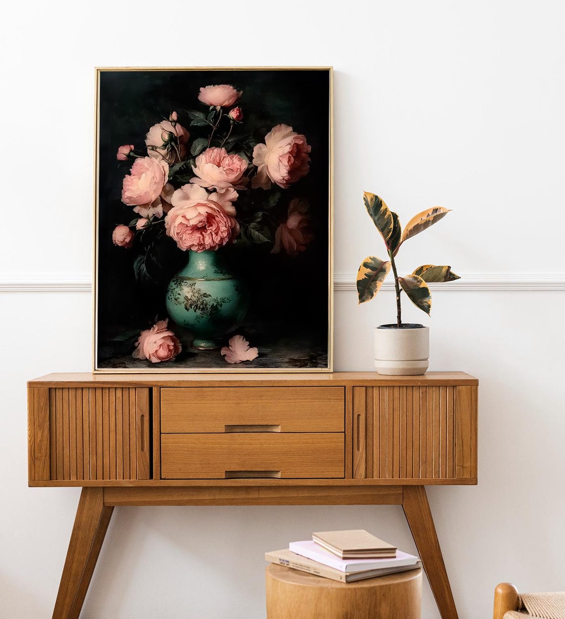 Moody Pink Roses Green Vase Dark Floral Still Life Vintage Art Poster - Image 7
