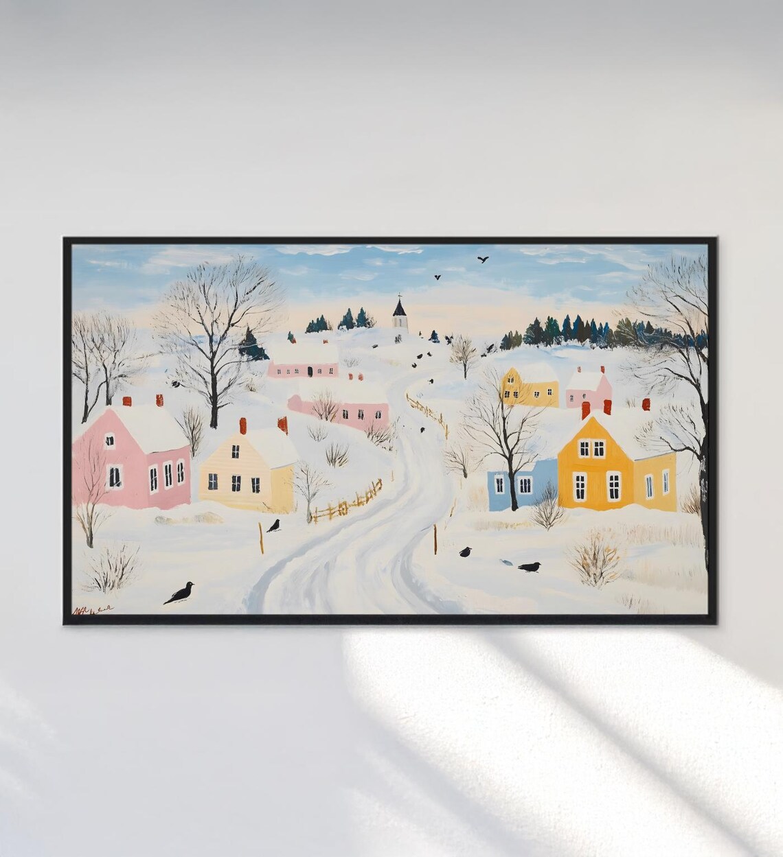 Snowy Village Winter Folk Art Naive Colorful Houses Church Art Poster - Image 3