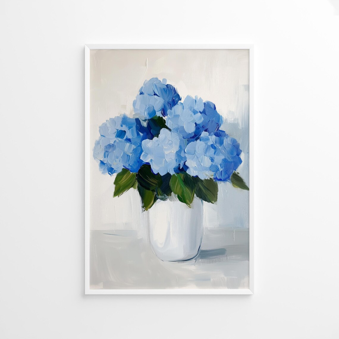 Blue Hydrangea Bouquet White Vase Oil Painting Floral Art Poster