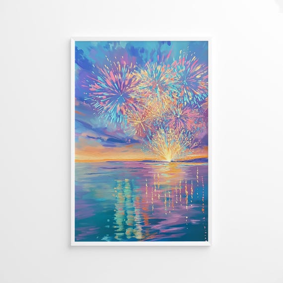 Colorful Fireworks Over Ocean Poster Pastel Celebration Wall Art Night Sky Print Festive Sea Scene