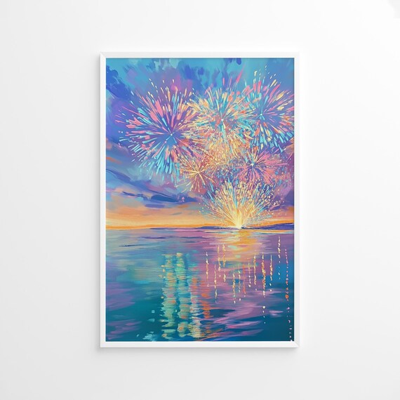 Fireworks Over Ocean Night Sky Celebration Coastal Seascape Poster
