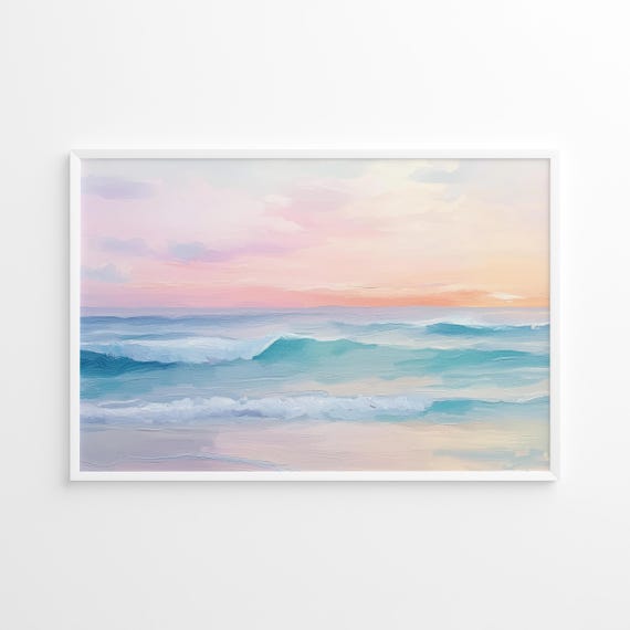 Coastal Sunset Waves Art Print, Pastel Seascape