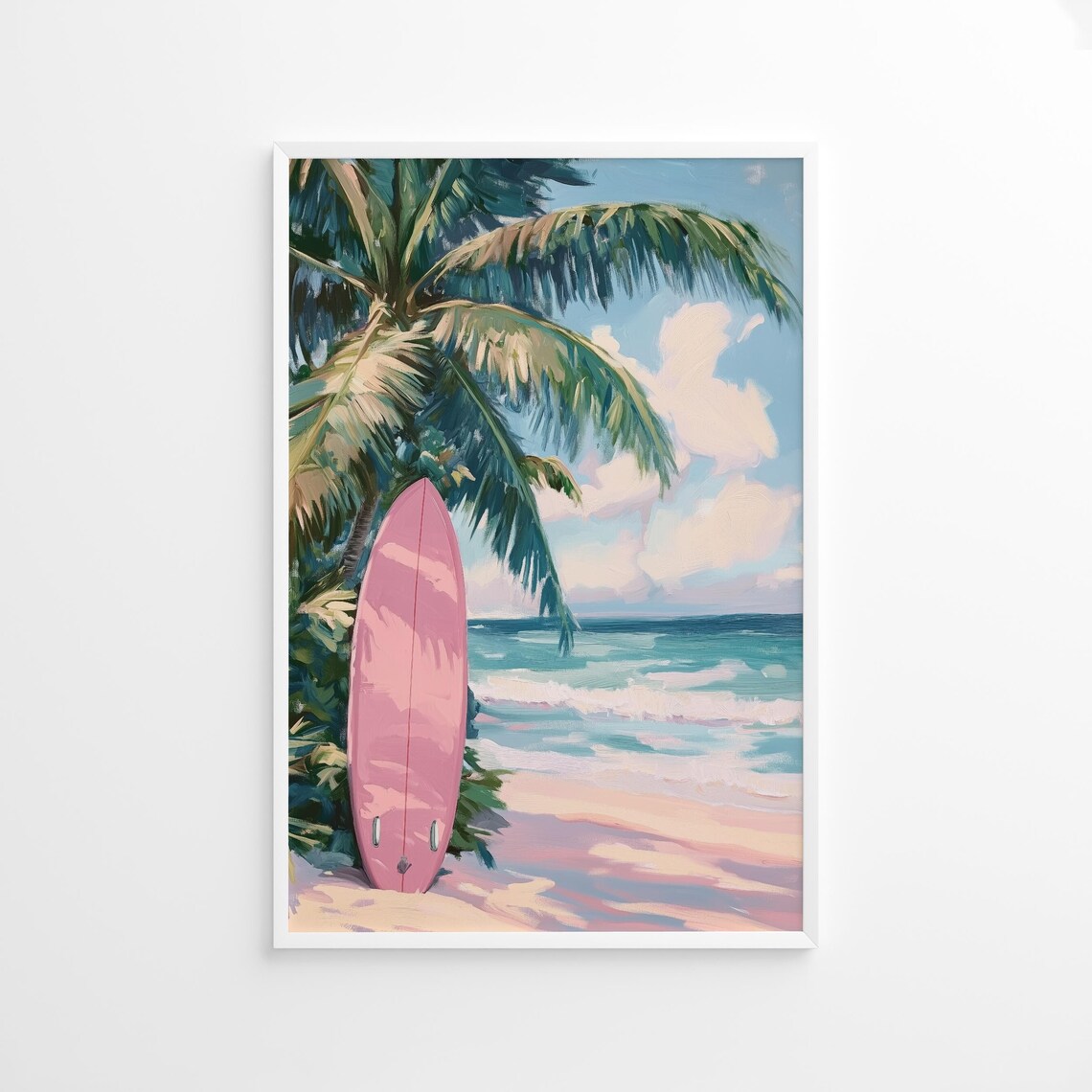 Tropical Surfboard Poster, Pink Pastel Coastal Decor