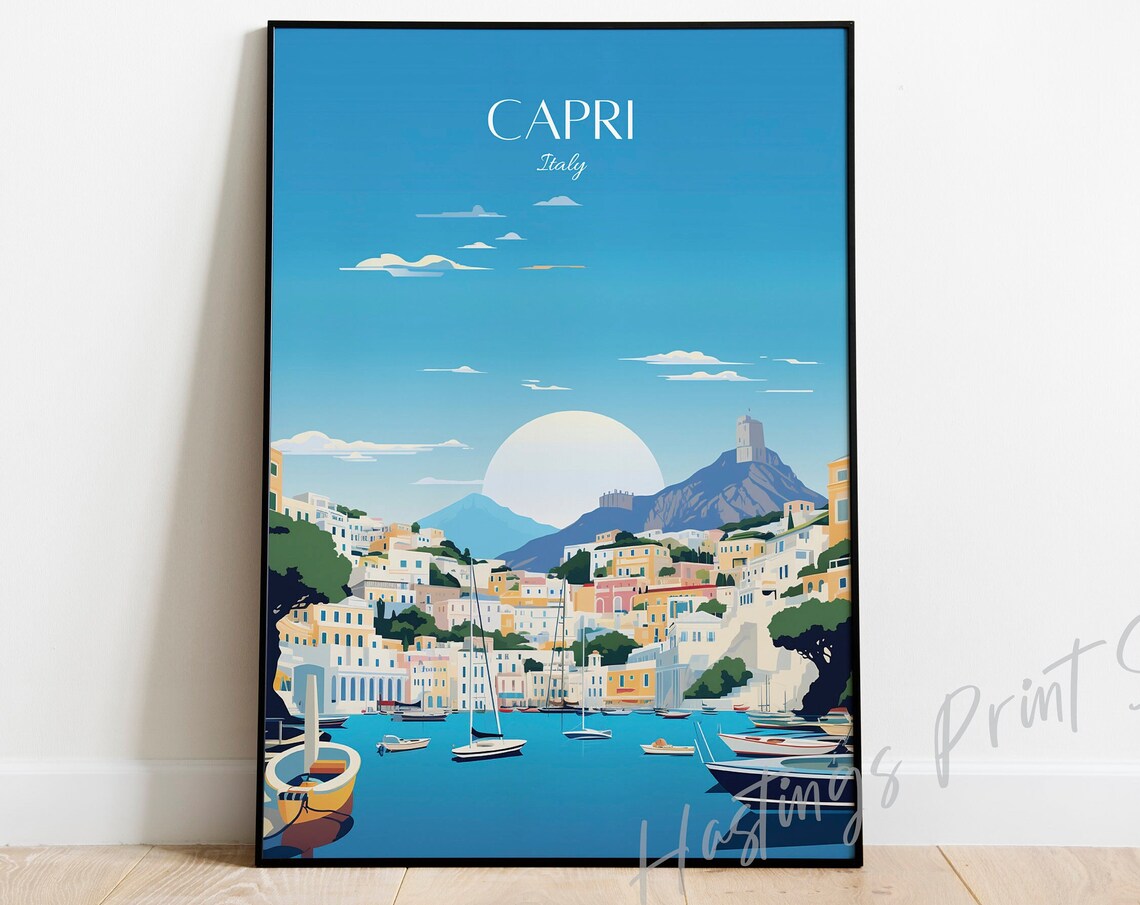 Capri Italy Sunny Harbor Boats Island Town Vintage Travel Poster