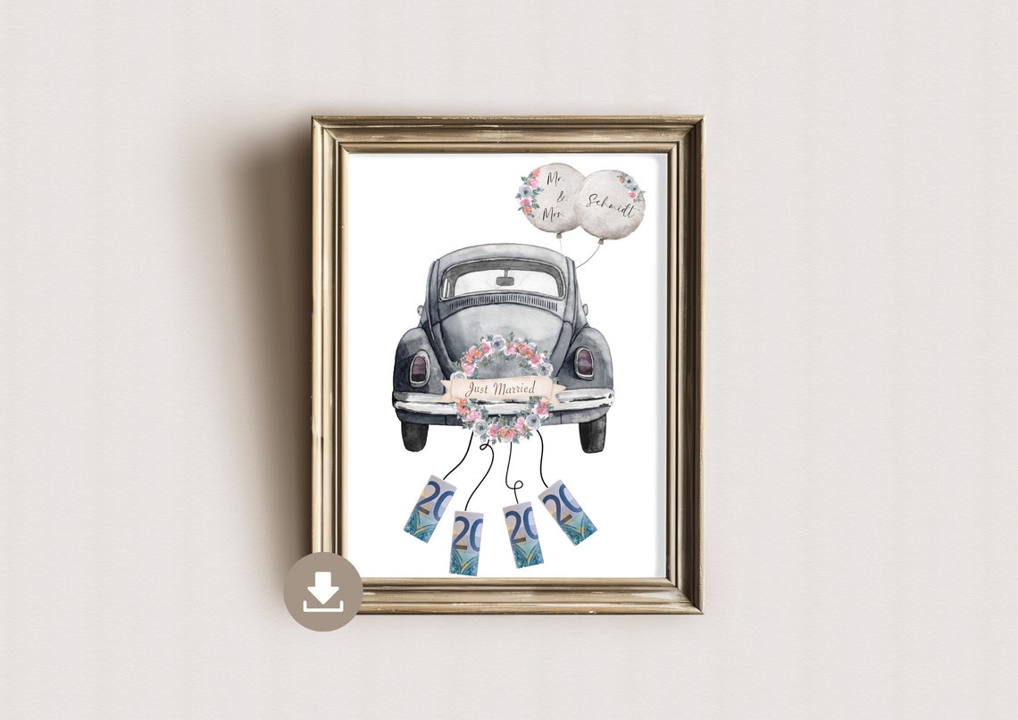 Just Married Classic Wedding Car Money Gift Idea Printable Poster