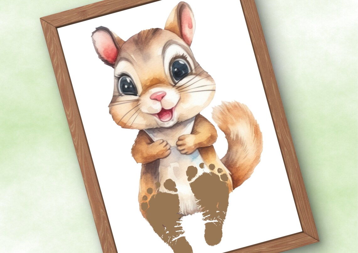Happy Watercolor Squirrel Baby Footprint Nursery Keepsake Poster - Image 3