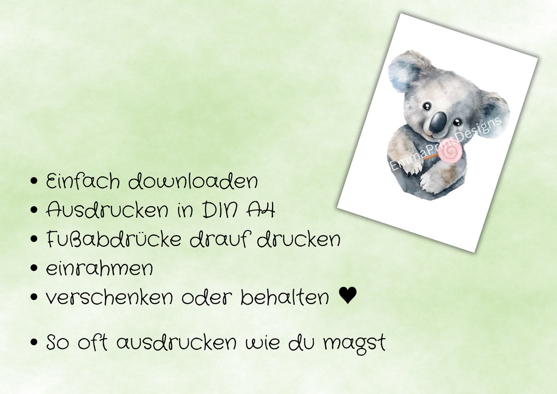 Koala Bear With Lollipop Baby Footprint Nursery Keepsake Poster - Image 4