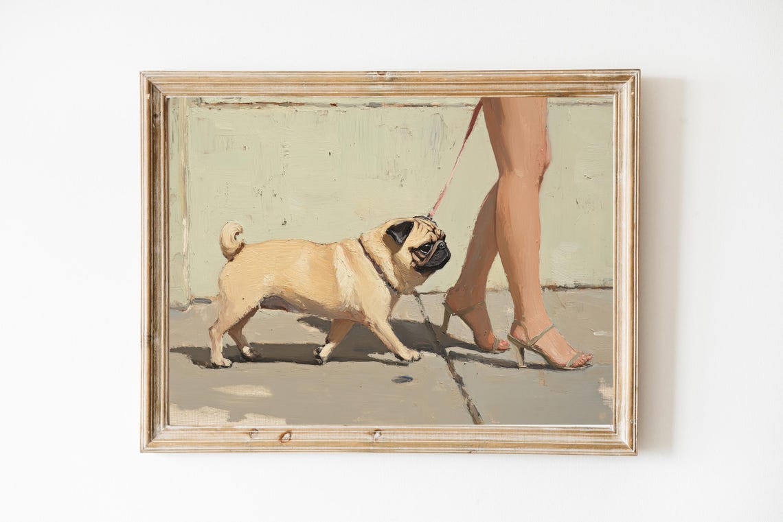 Pug Dog Walking on Leash Impressionist Oil Painting Art Poster