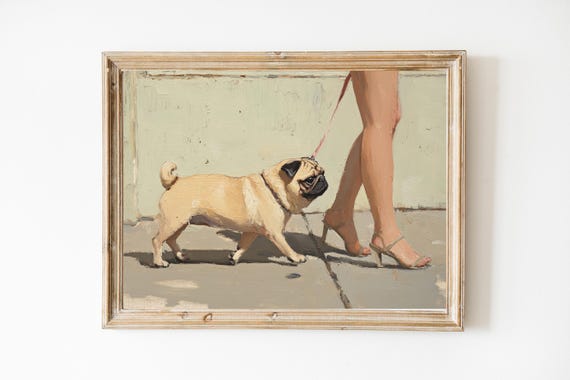 Pug On City Walk Fine Art Print Dog Wall Girly Pink Cute Quirky Whimsical Mom Gift Trendy