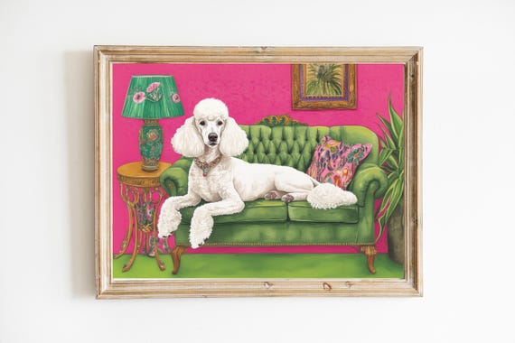 White Poodle On Green Sofa Dog Art Print Bart Cart Decor Girly Pink Wall Cute Quirky Whimsical Trendy Home Gift
