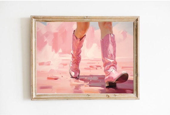 Cowgirl In Pink Boots Decor Trendy Wall Art Retro Western Print Girly Coquette Elegant Oil Painting