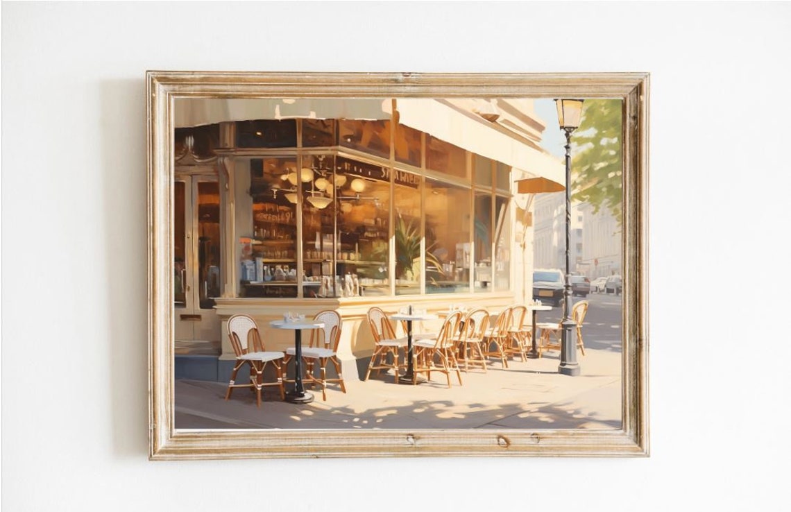 Parisian Cafe Terrace Sunlit Street Watercolor Painting Poster
