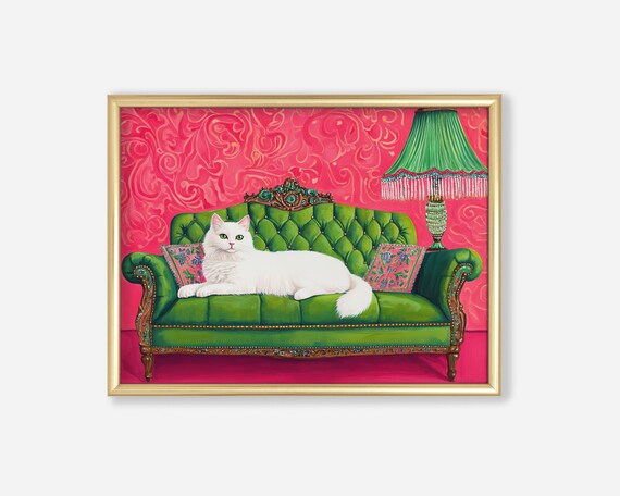 White Cat On Green Velvet Sofa Maximalist Oil Painting Art Print