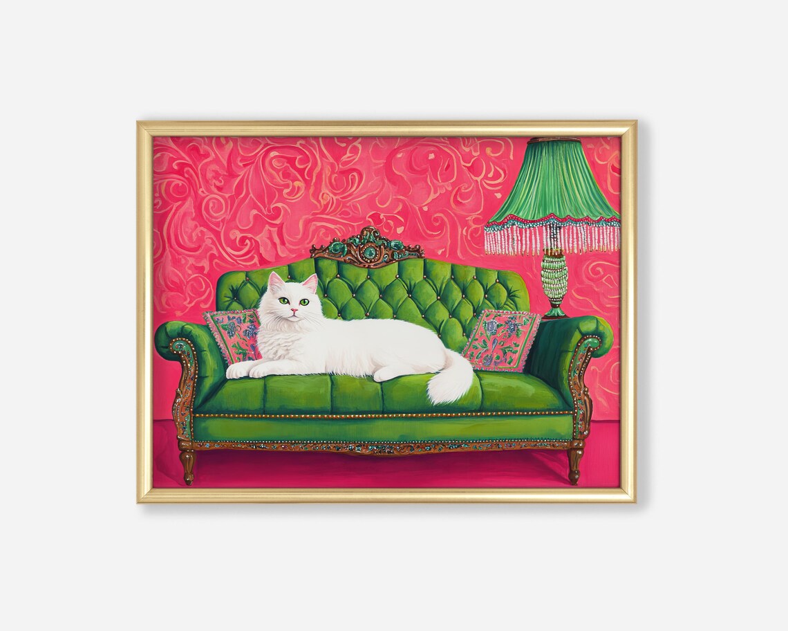 White Cat On Green Velvet Sofa Maximalist Oil Painting Art Print