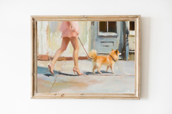 Woman Walking Pomeranian Dog Impressionist Street Art Poster