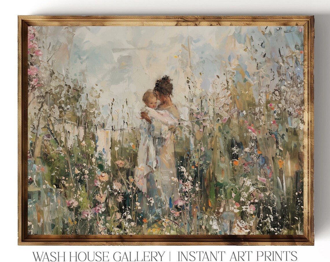 Mother Embracing Child in a Wildflower Garden Vintage Poster - Image 4