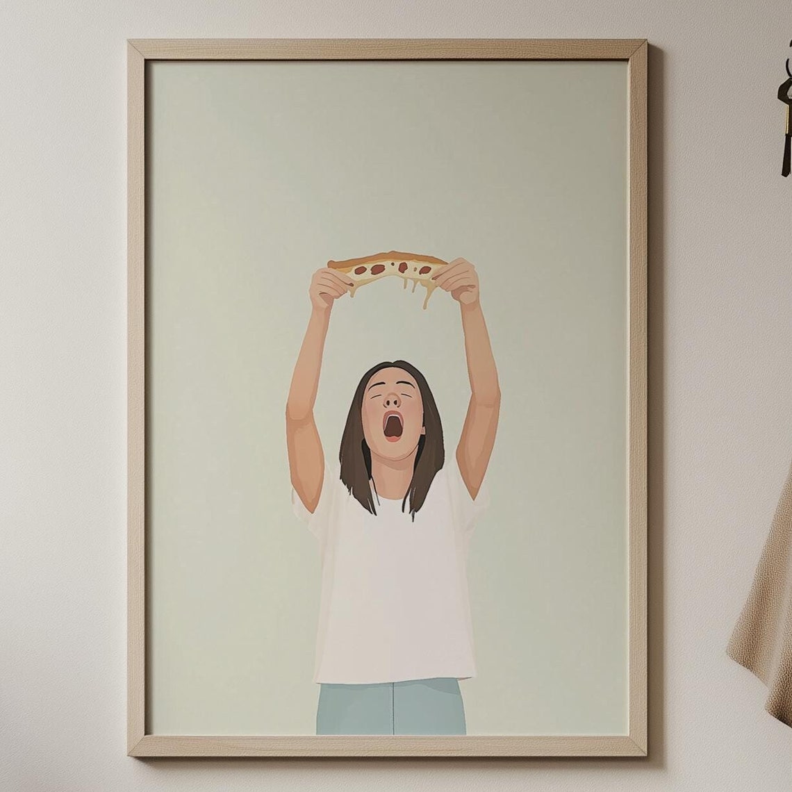 Funny Mom Eating Pizza Watercolor Illustration Print Kitchen Decor