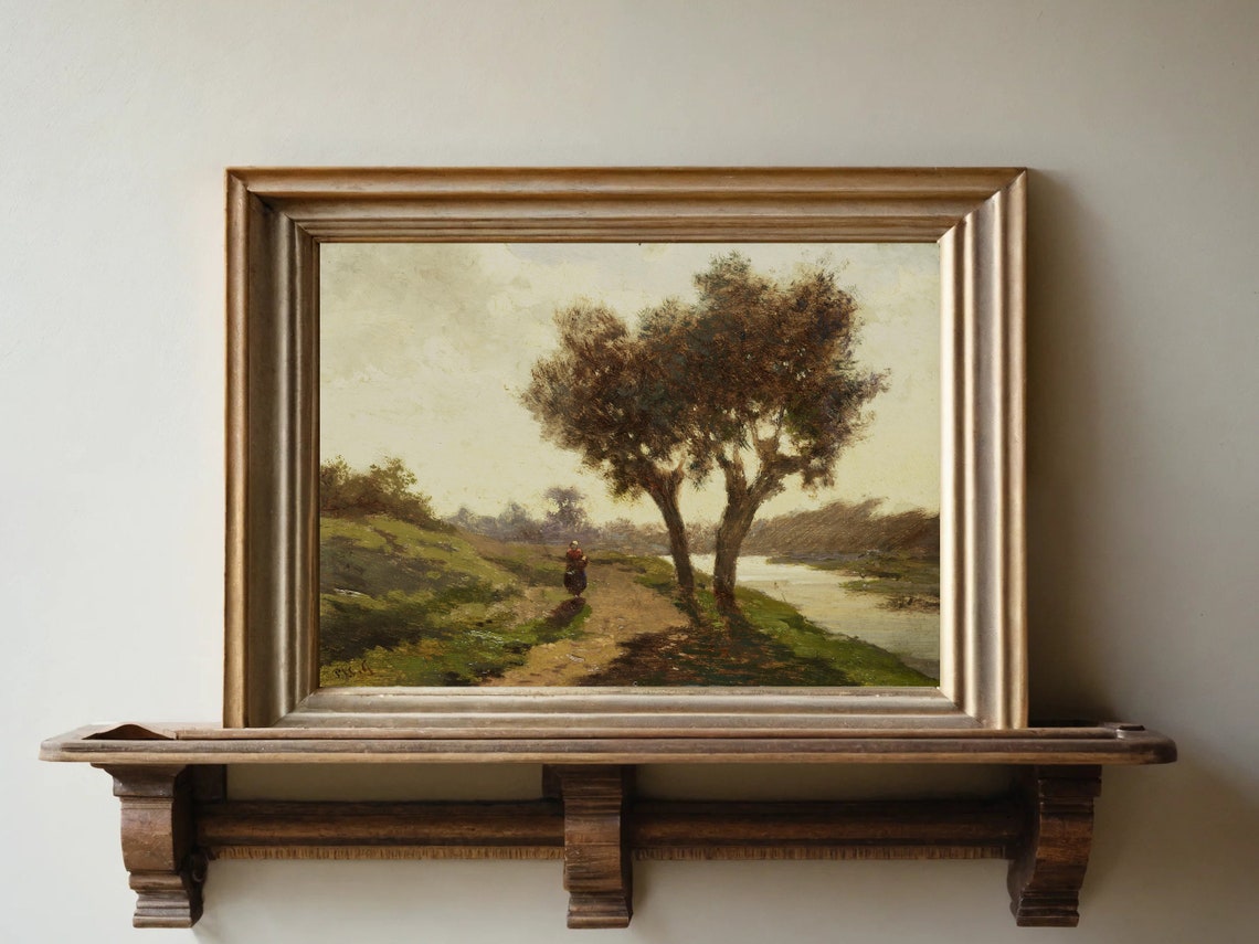 Riverside Path Twin Trees Lone Walker Quiet Barbizon Style Poster - Image 2