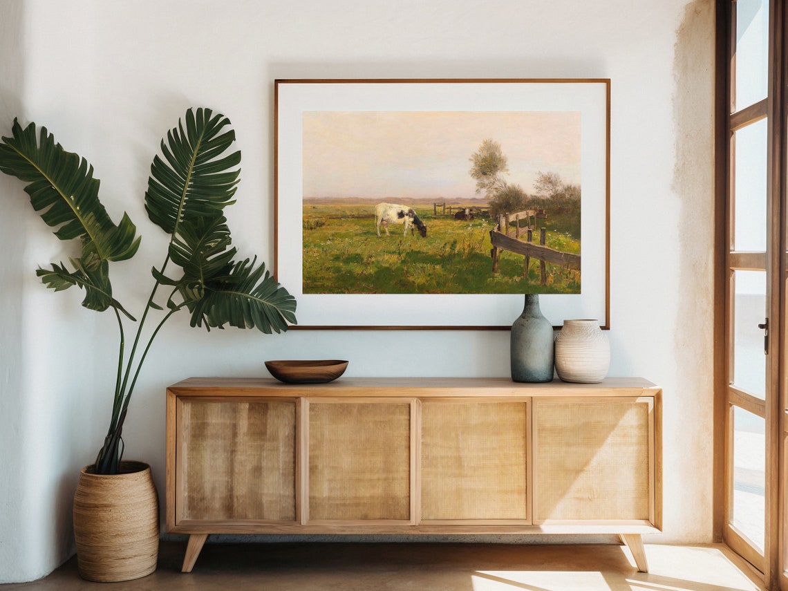 Vintage Cow Grazing Pasture Farm Animal Muted Rustic Painting Poster - Image 4