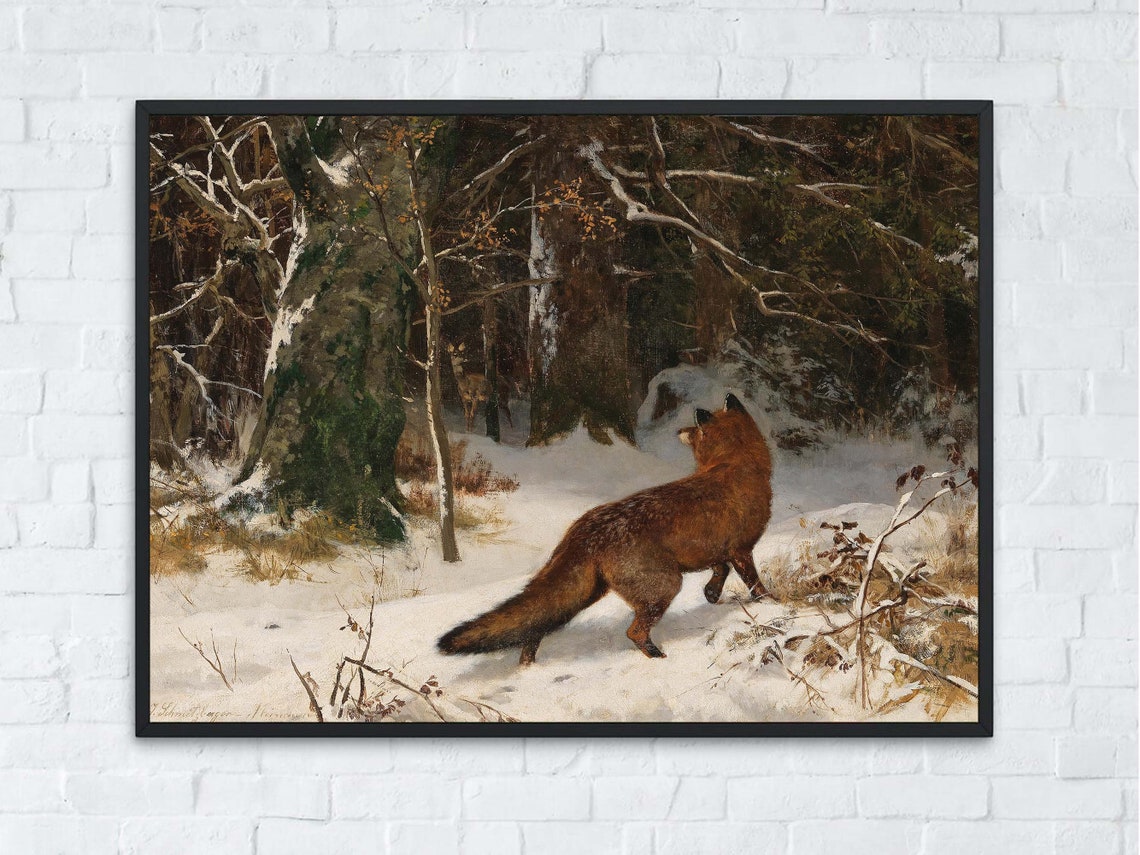 Red Fox Snowy Winter Forest Vintage Wildlife Woodland Painting Poster - Image 4