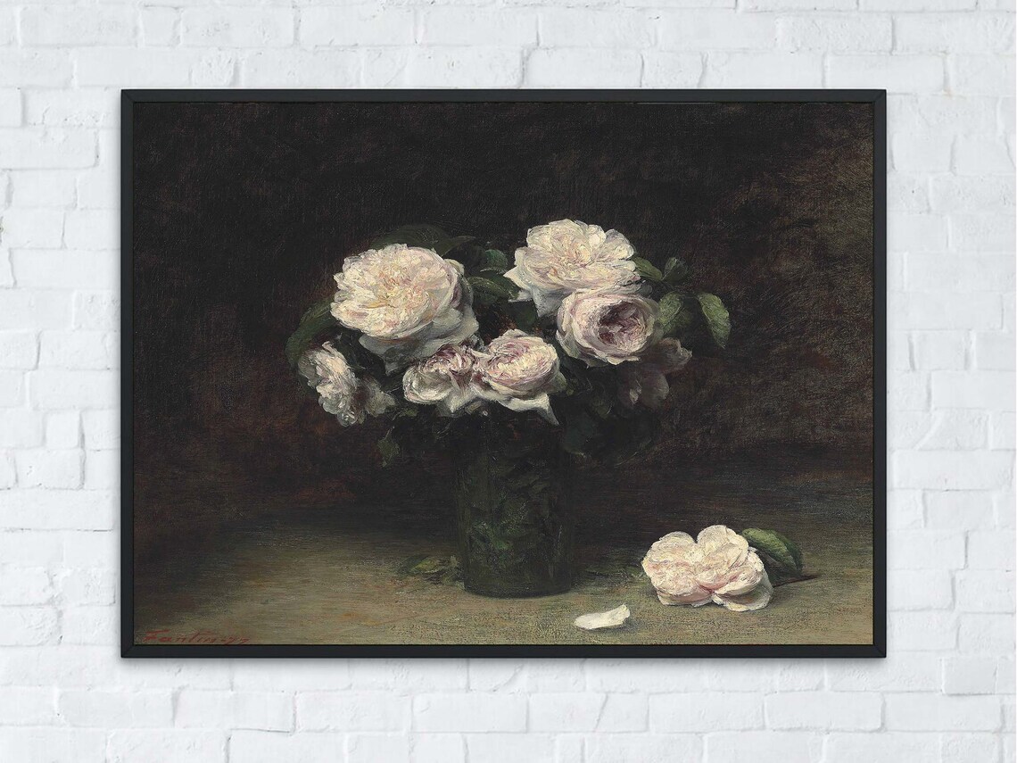 Moody Dark Roses Still Life White Pink Vintage Floral Painting Poster - Image 8