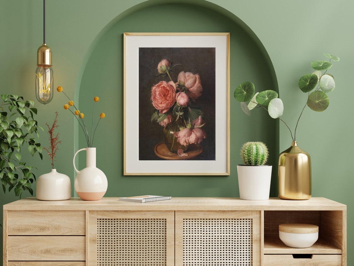 Pink Peonies Glass Vase Moody Dark Floral Still Life Classic Poster - Image 2
