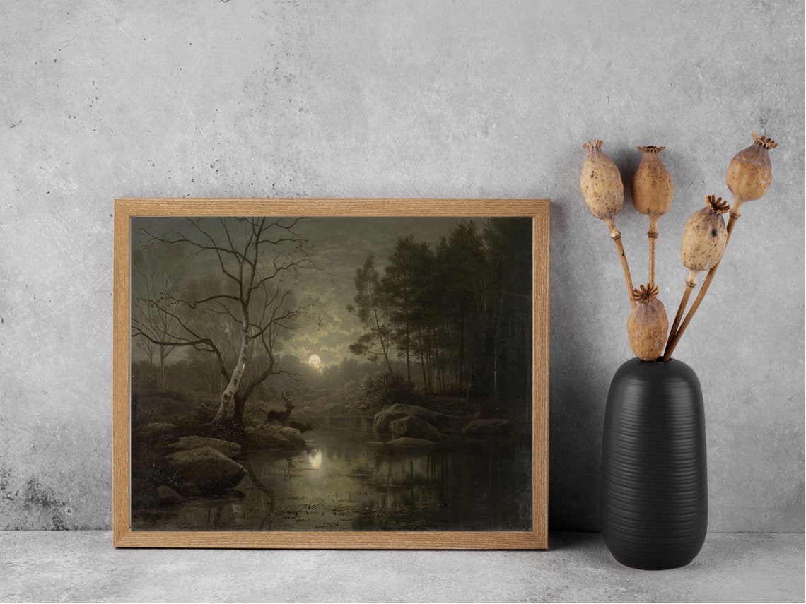 Moonlit Forest Pond Dark Nocturne Deer at Night Vintage Poster - Image 7
