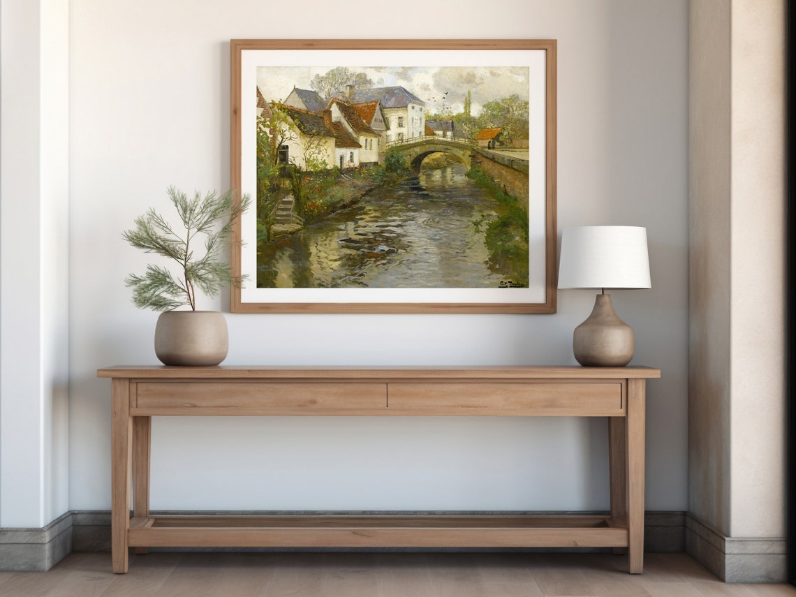 Village Stone Bridge Canal Tile Roofs Charming Impressionist Poster - Image 3